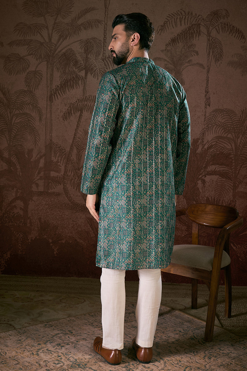 Sea Green Silk Blend Ethnic Motifs Printed Straight Kurta With Trouser | SHOBITAM