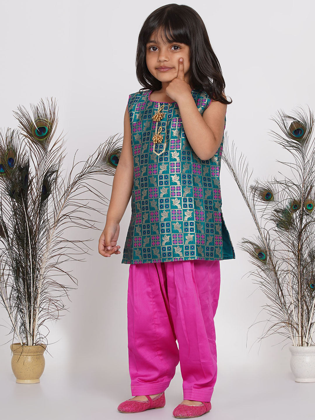 Girls Banarsi Kurta with Salwar and Dupatta - Peacock Green and Rani | SHOBITAM