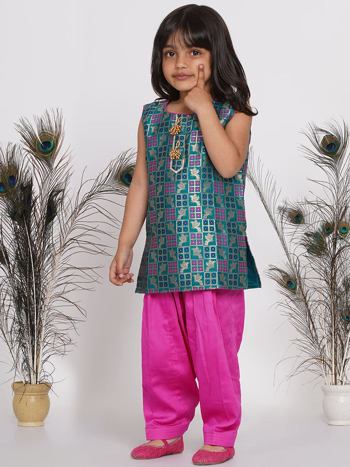 Girls Banarsi Kurta with Salwar and Dupatta - Peacock Green and Rani | SHOBITAM