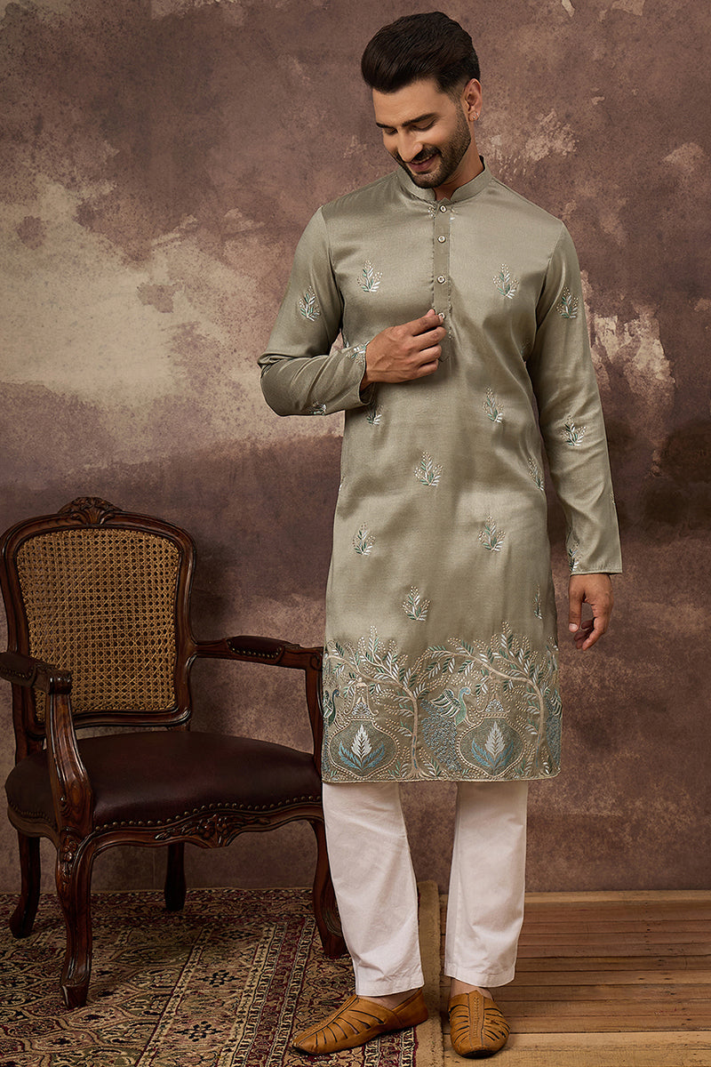 Green Silk Blend Solid Embroidered Straight Kurta with Trouser  | SHOBITAM