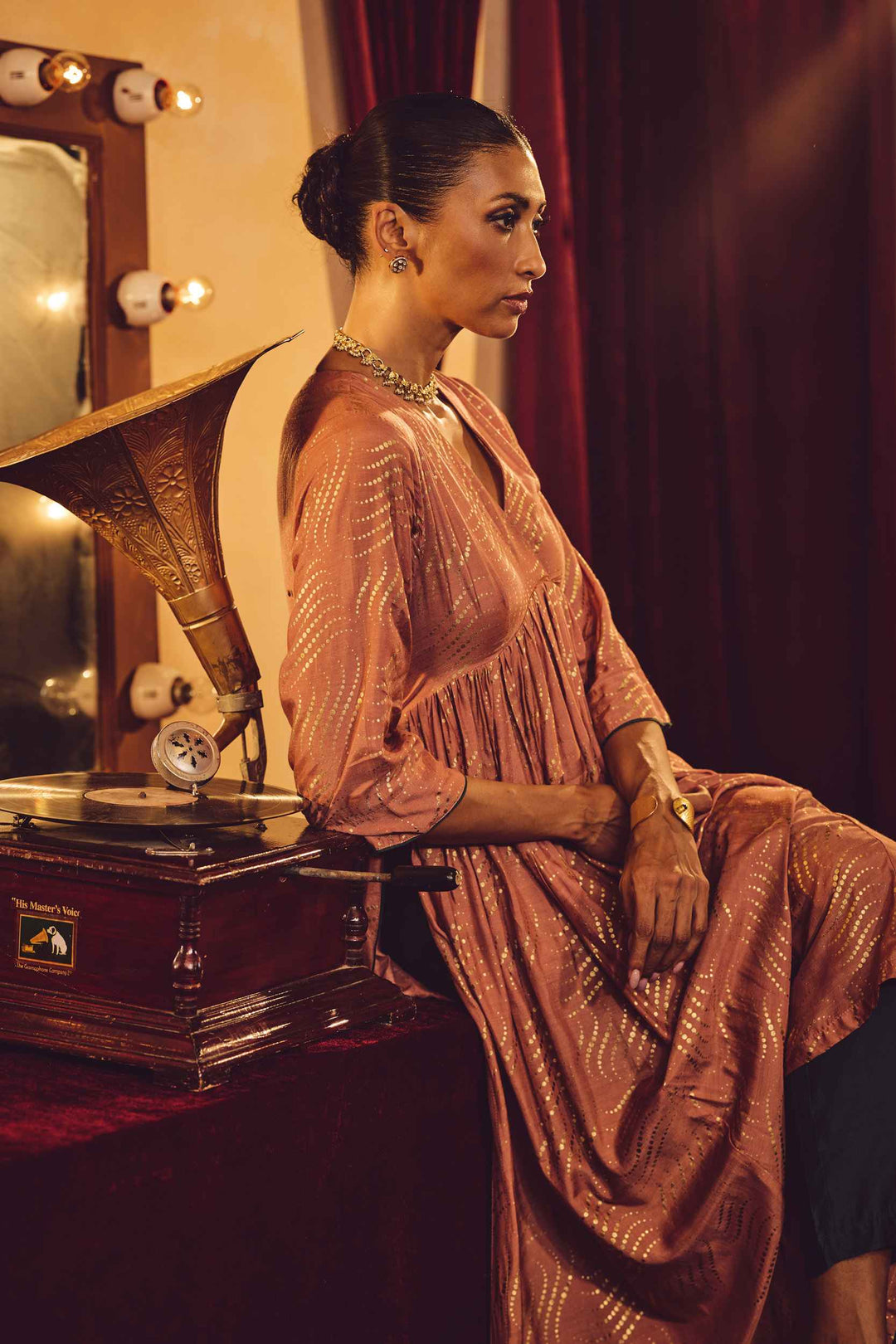 Peach Gold Foil Print Muslin Silk Anarkali High-Slit Kurta Set | SHOBITAM