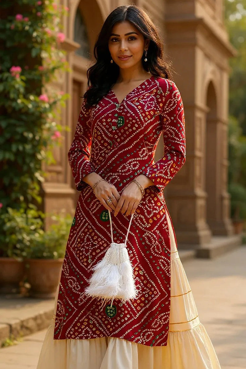 Rayon Blend Red And Beige Bandhani Printed Straight Kurta | SHOBITAM