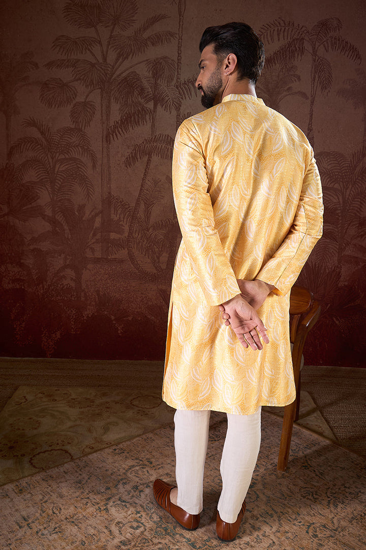 Yellow Silk Blend Floral Printed Straight Kurta With Trouser | SHOBITAM