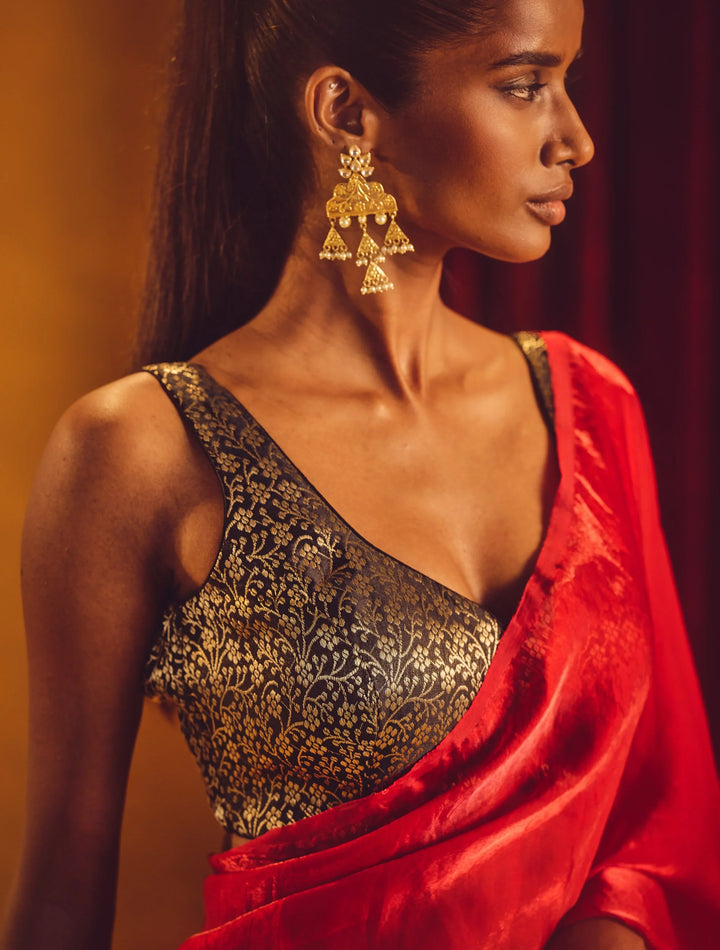 Red Tissue Saree With Unstitched Blouse | SHOBITAM