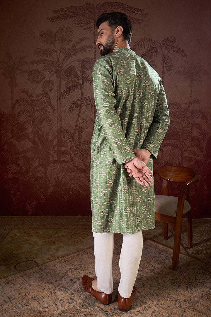 Green Silk Blend Ethnic Motifs Printed Straight Kurta With Trouser | SHOBITAM