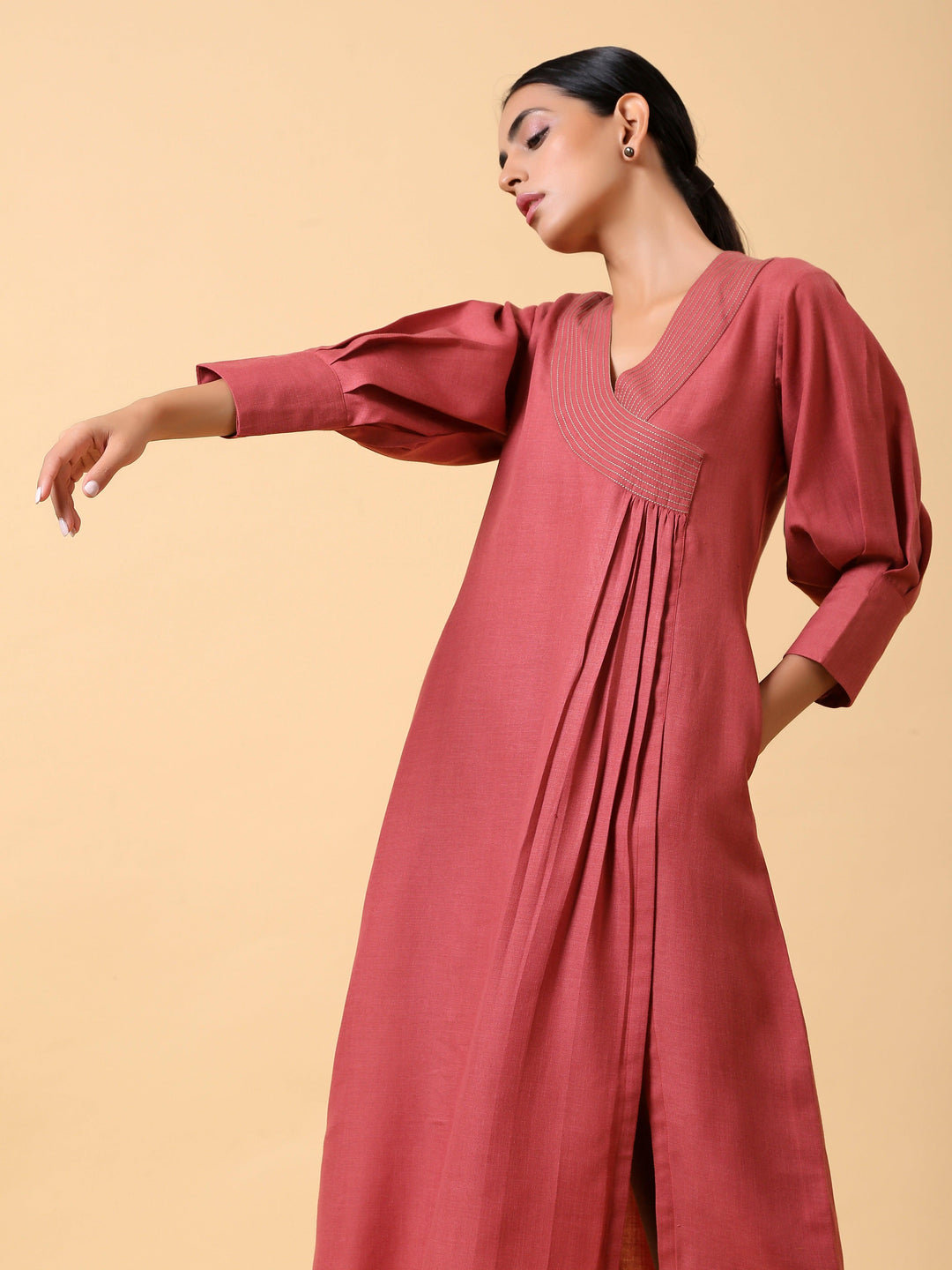 Cotton Linen Rust Red Kurta Pant Set | SHOBITAM