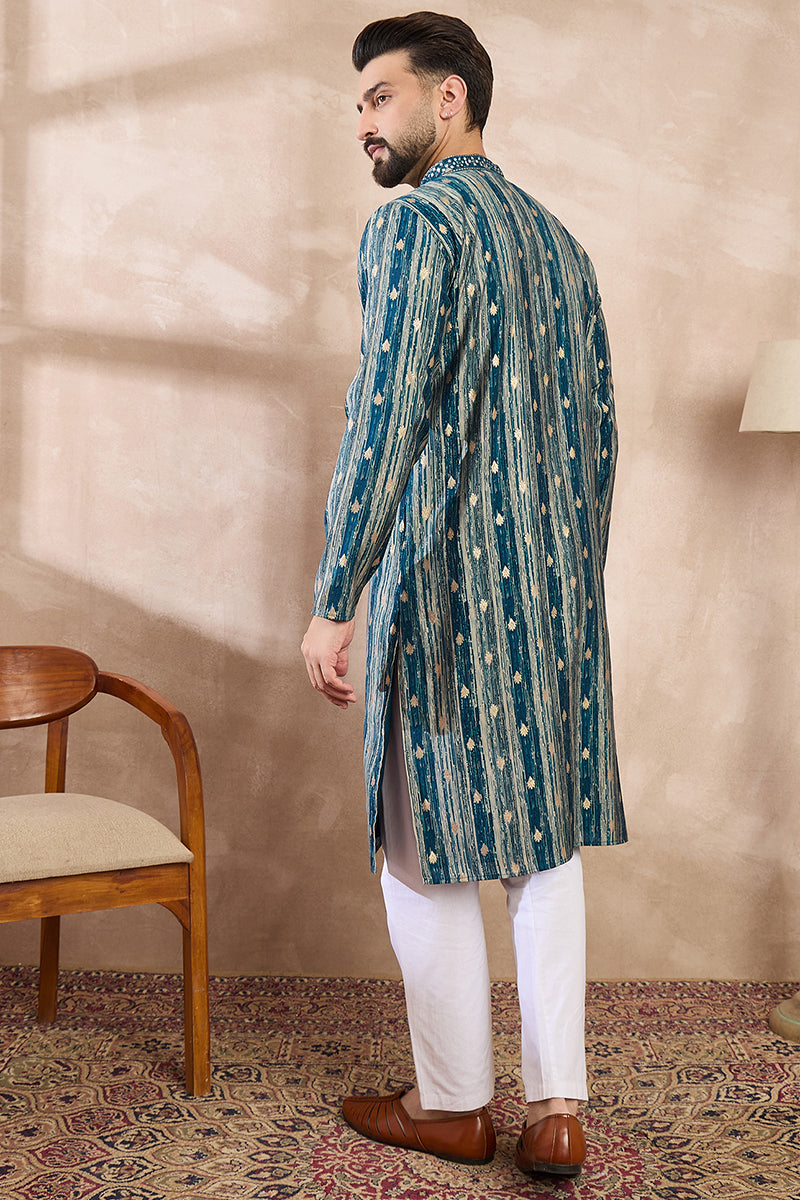 Turquoise Blue Silk Blend Abstract Printed Straight Kurta With Trouser | SHOBITAM