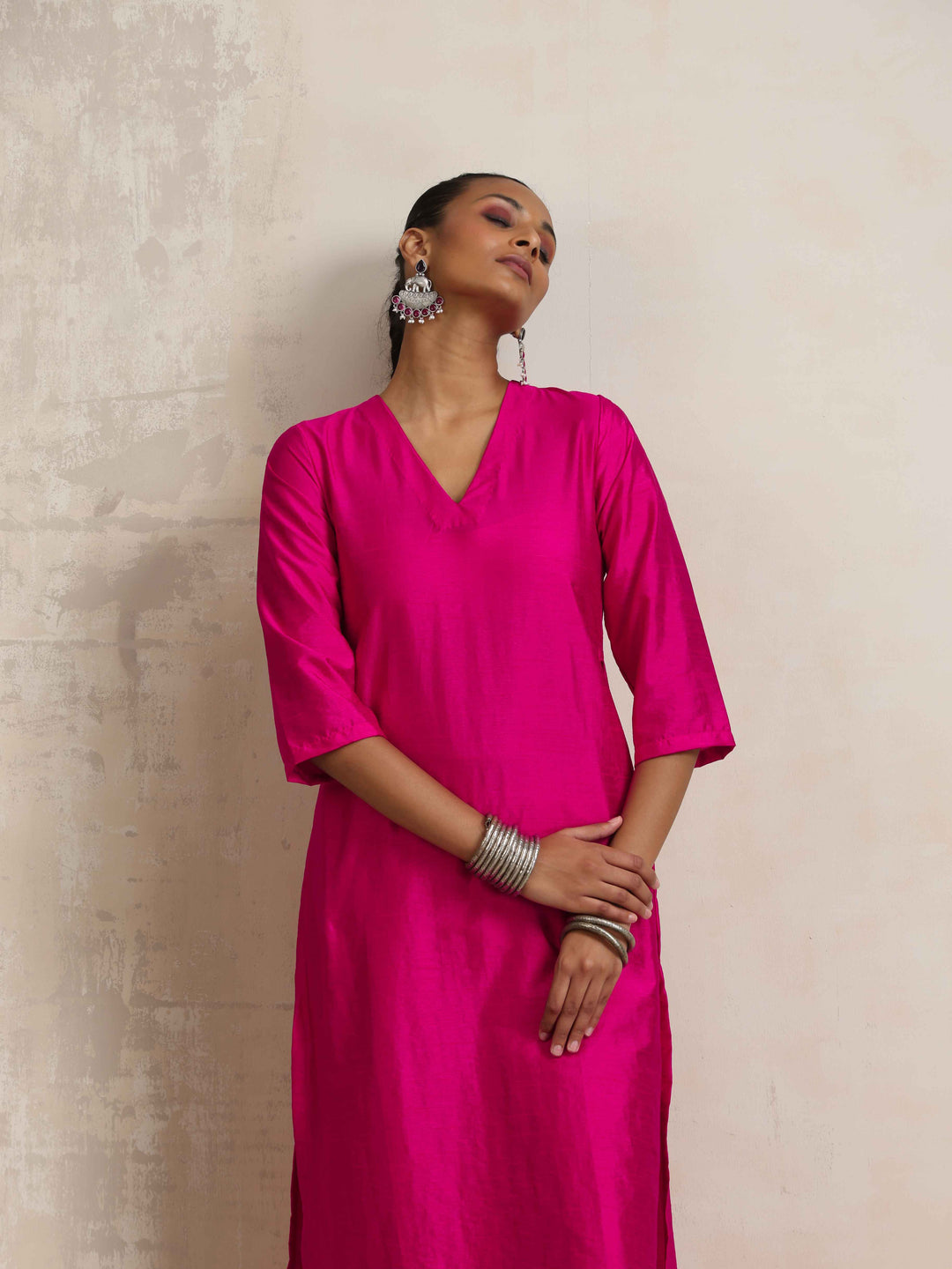 Pink Silk High Slit Kurta Set | SHOBITAM