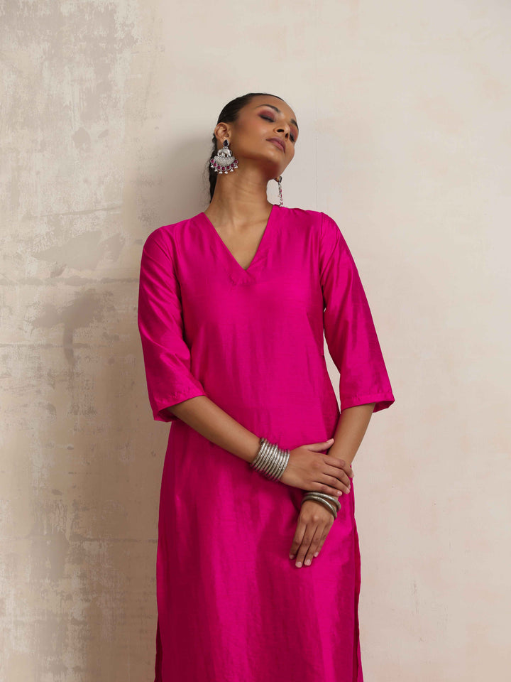Pink Silk High Slit Kurta Set | SHOBITAM