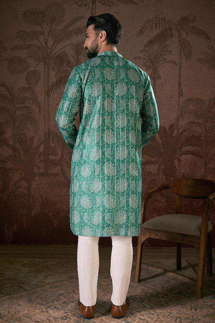 Teal Silk Blend Floral Printed Straight Kurta With Trouser| SHOBITAM