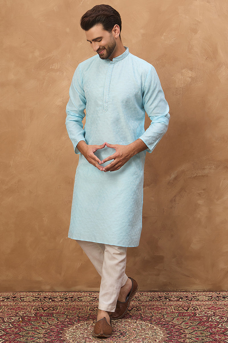 Blue Silk Blend Solid Embroidered Straight Kurta | SHOBITAM