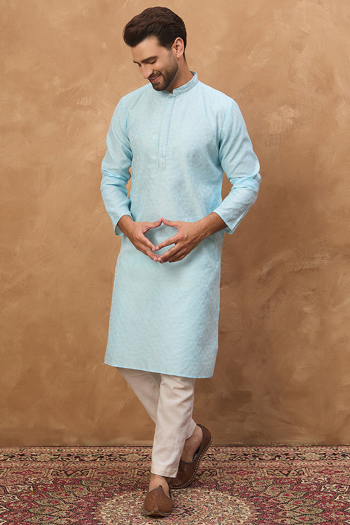 Blue Silk Blend Solid Embroidered Straight Kurta | SHOBITAM