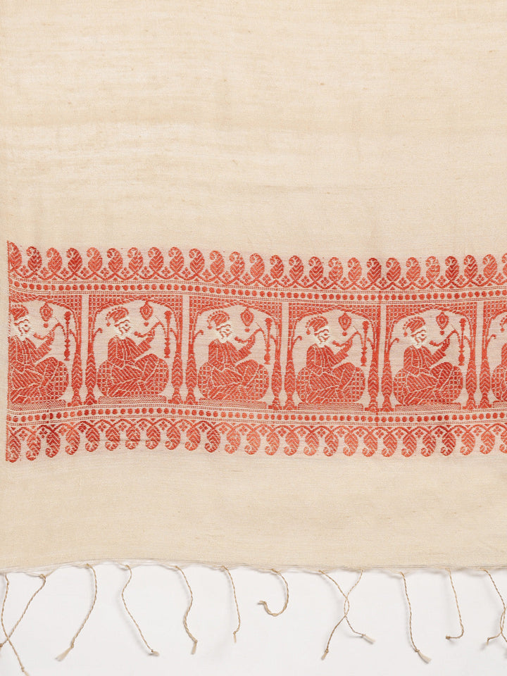 Peach and Orange Nawab Baluchari Silk Cotton Stole | SHOBITAM