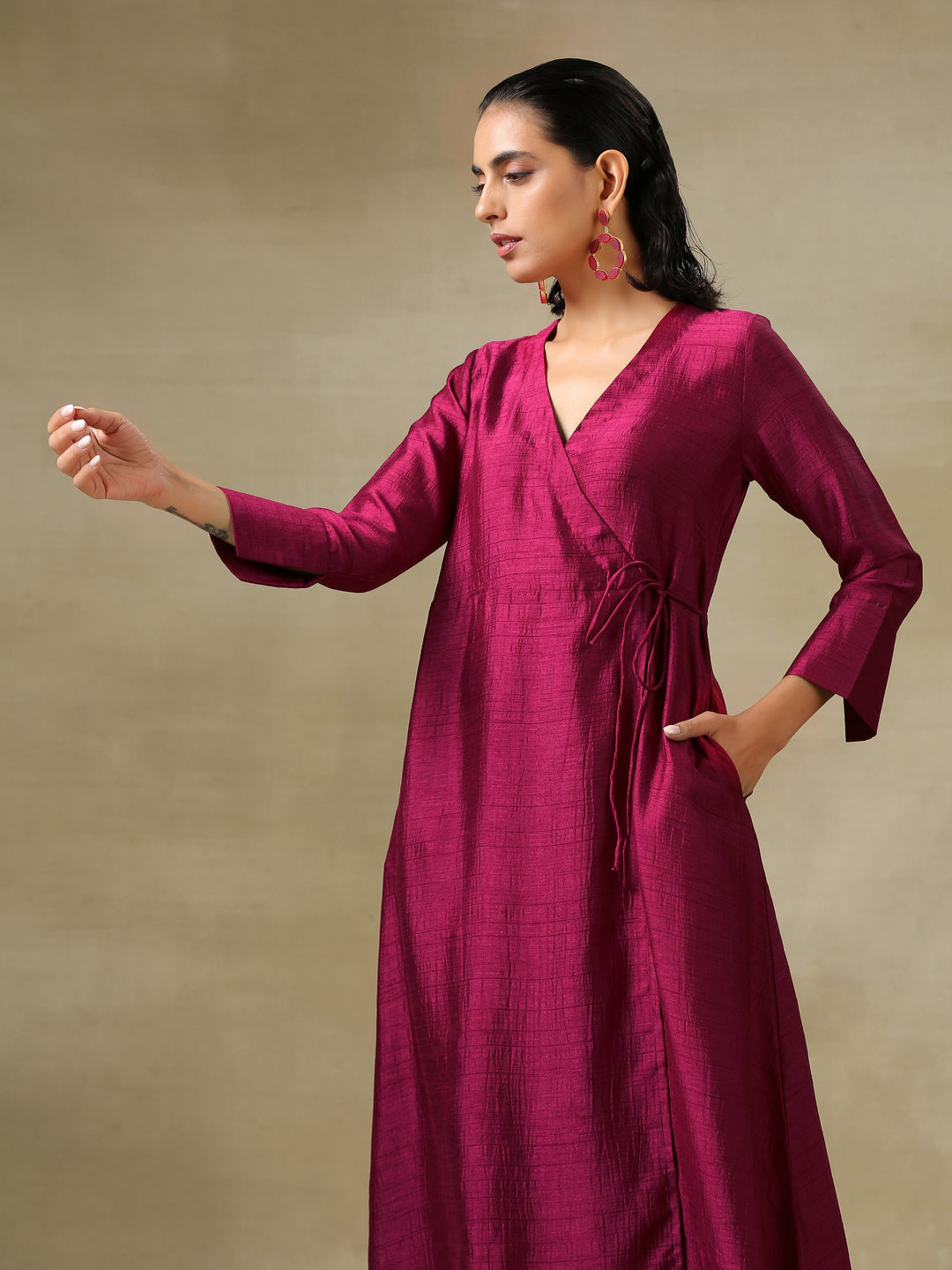 Purple Textured Silk Angrakha Kurta Pant Set | SHOBITAM