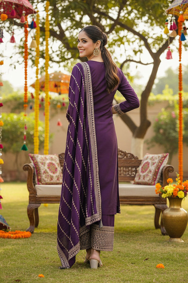 Purple Silk Blend Straight Kurta Palazzo With Dupatta | SHOBITAM