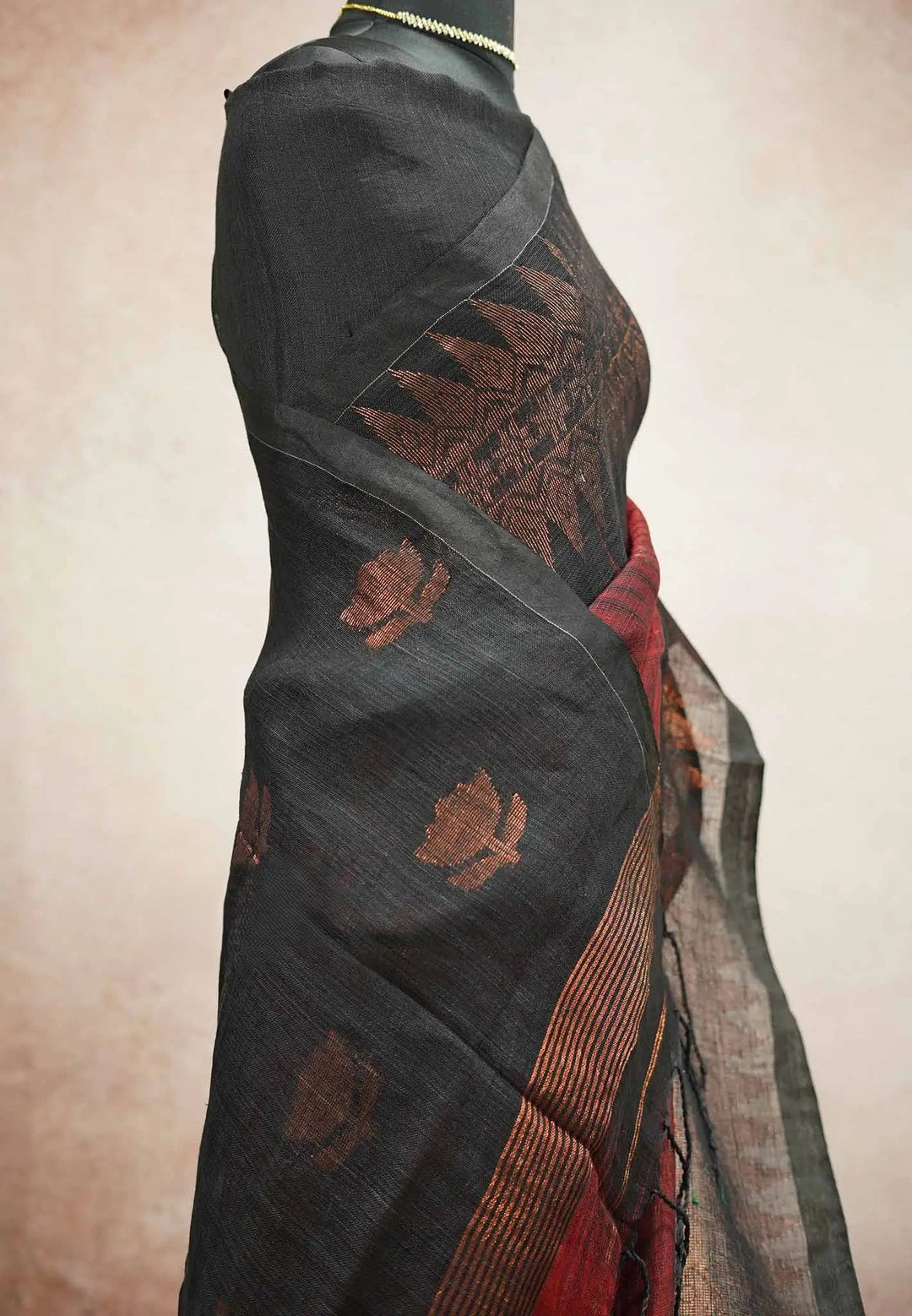 Linen Cotton marron Black saree with Standout borders | SHOBITAM