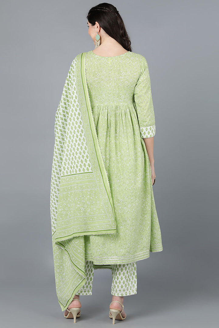 Light Green Cotton Flared Kurta Pant With Dupatta   | SHOBITAM