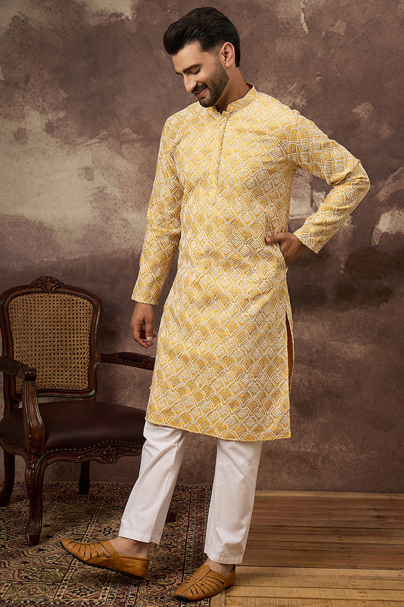 Yellow Viscose Rayon Solid Embroidered Straight Kurta with Trouser  | SHOBITAM