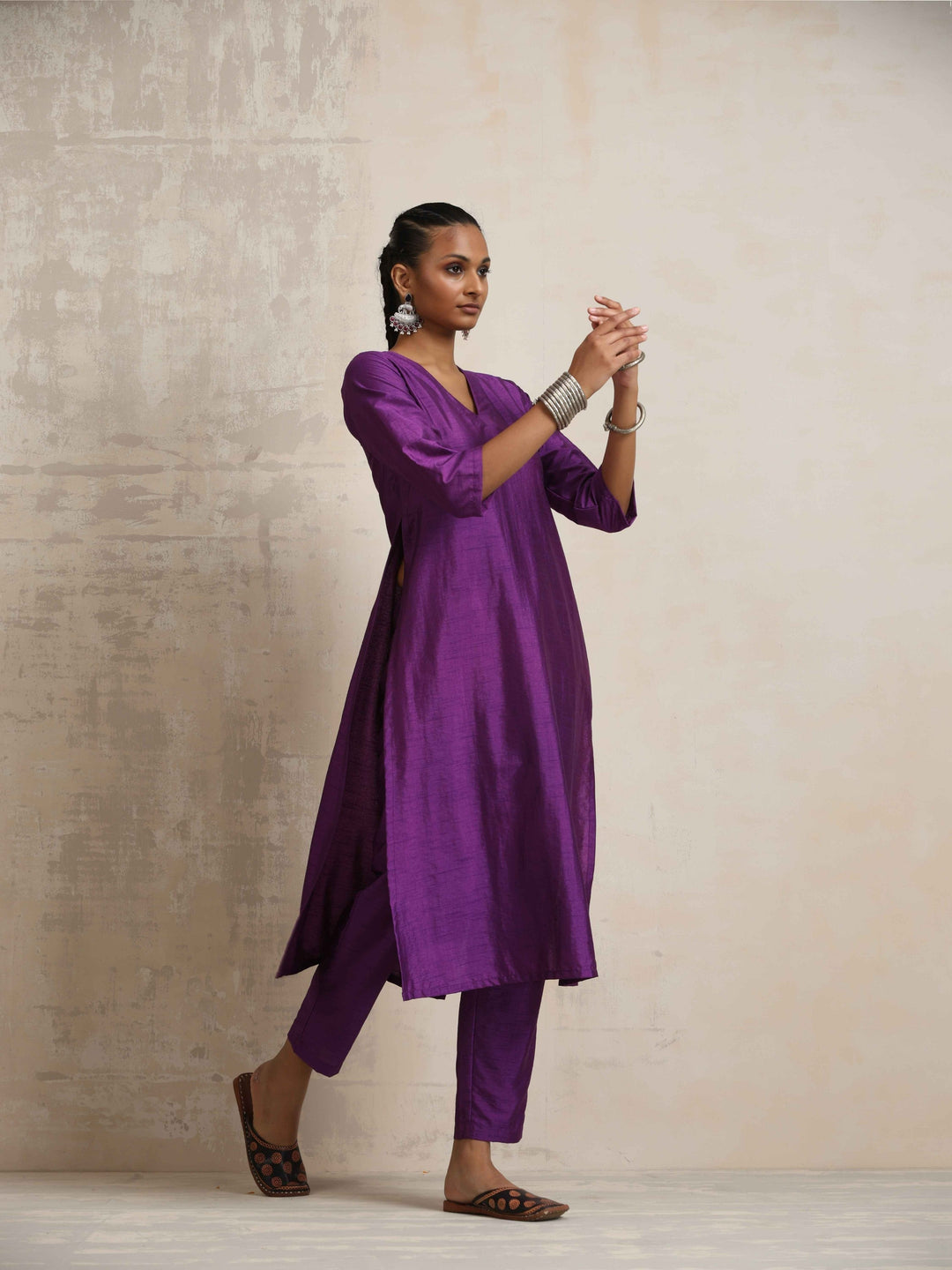 Purple Silk High Slit Kurta Set | SHOBITAM