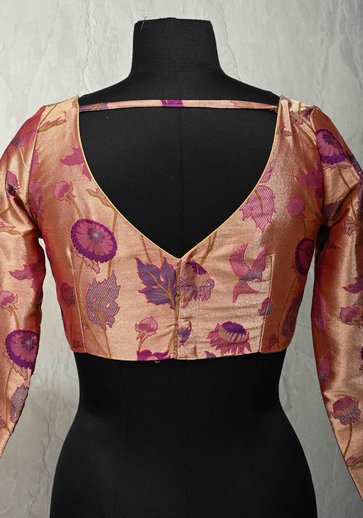 SIZE 36" Rose Gold Paithani Style  Boat Neck Blouse with Meenakari  Pichwai Semi Silk Brocade and Full Sleeves
