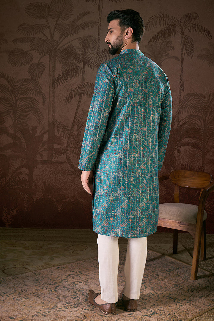 Blue Silk Blend Ethnic Motifs Printed Straight Kurta For Men | SHOBITAM