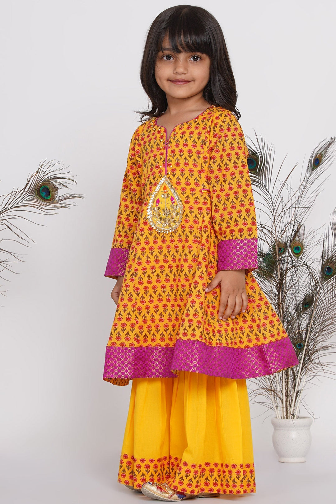 Girls Cotton Jaipuri Princecut Kurta frock with buti work, Sharara, and Dupatta | SHOBITAM