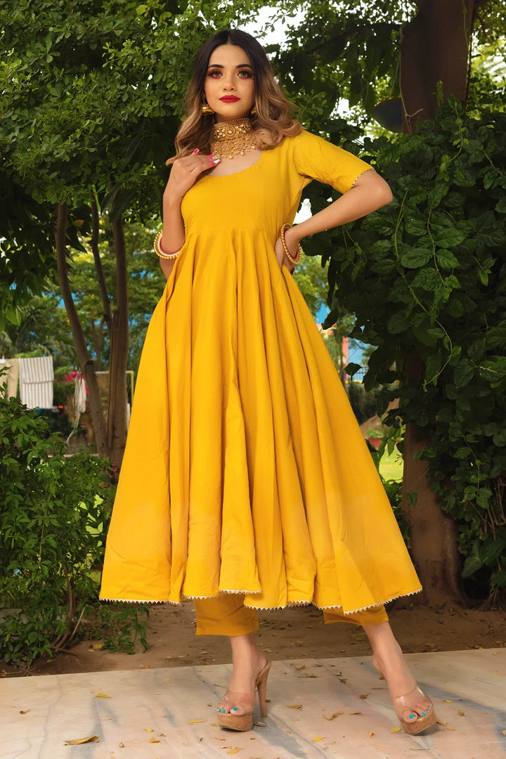 ROSEMARRY YELLOW COTTON ANARKALI SET | SHOBITAM