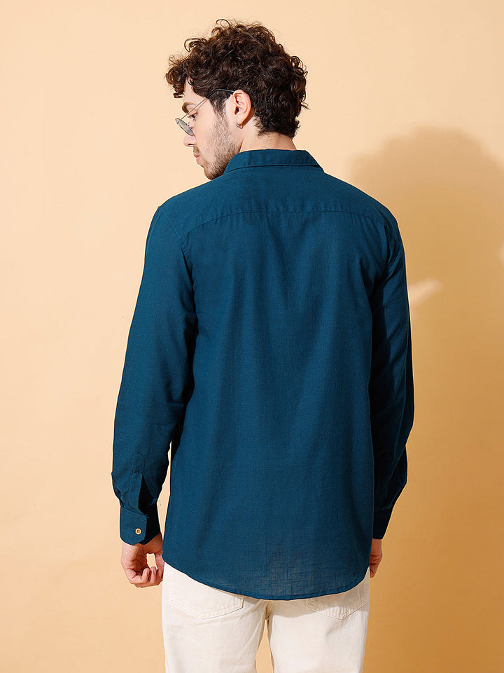 Men Handloom Cotton Solid Shirt, in Dark Blue