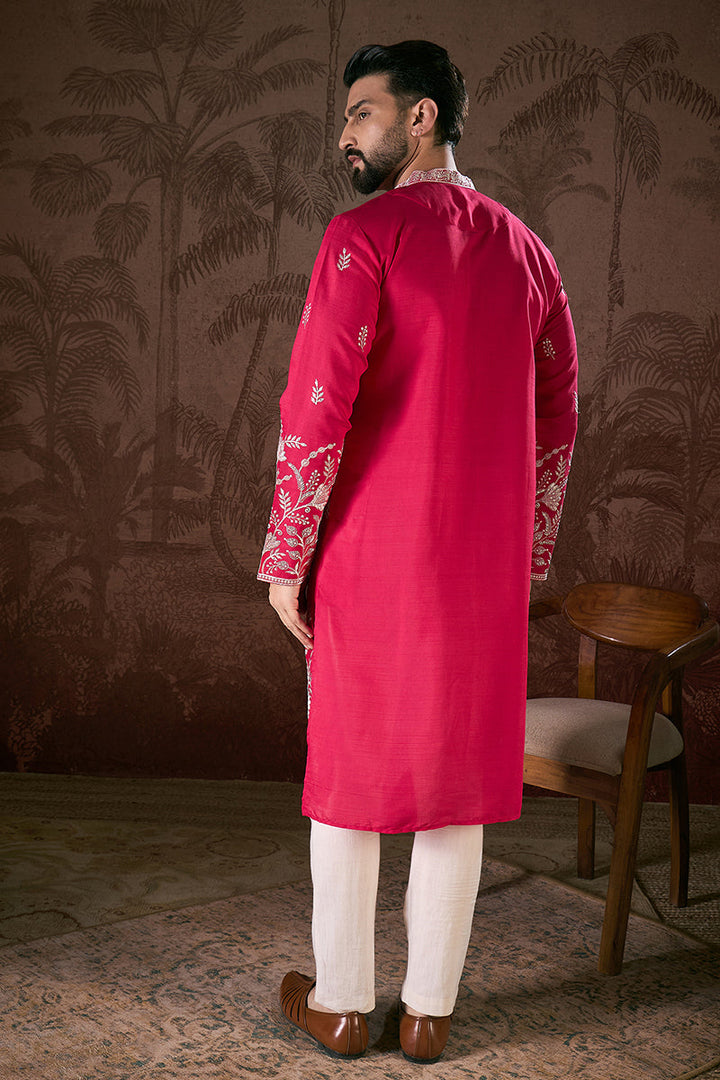 Pink Silk Blend Solid Embroidered Straight Kurta With Trouser | SHOBITAM