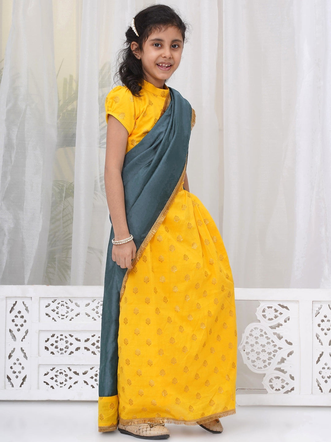 Cotton Floral Embroidery Ready to wear Blouse with Ready to wear Chanderi Saree - Casal & Yellow | SHOBITAM