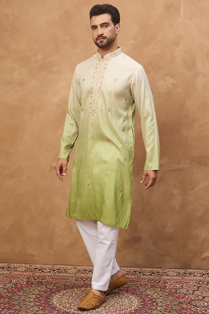 Green Silk Blend Solid Embroidered Straight Kurta | SHOBITAM