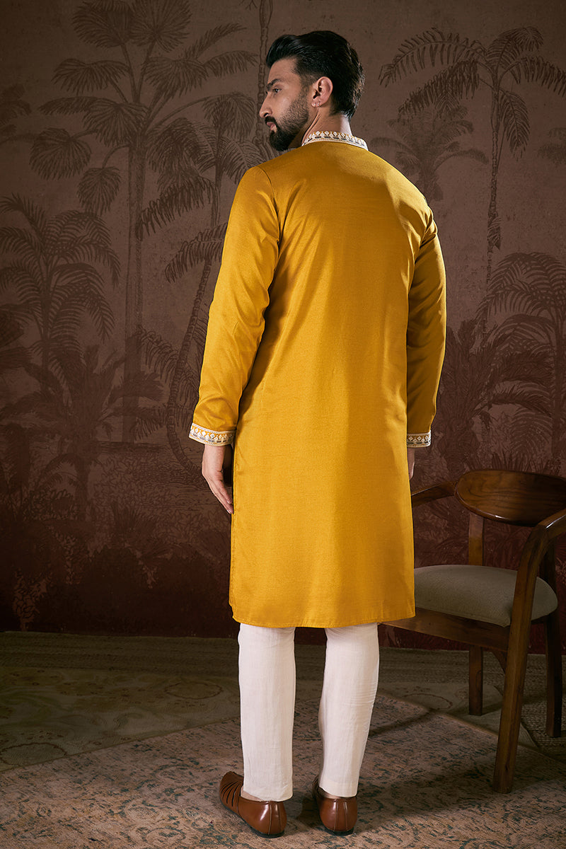 Mustard Silk Blend Solid Embroidered Straight Kurta | SHOBITAM