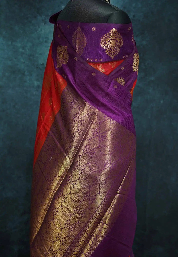 Chilli red with purple Semi Silk Banarasi saree| SHOBITAM
