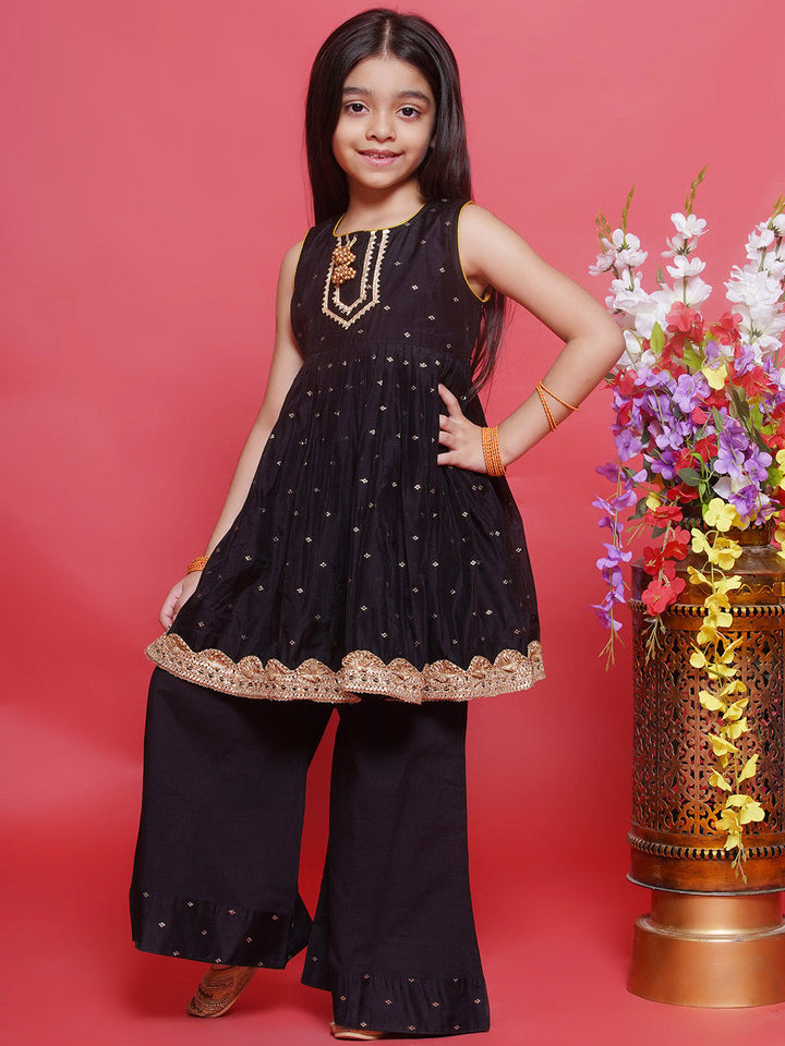 Chanderi Cotton Sleeveless Zari Boota & Lace Embellished Kurta Frock with Plazzo and Dupatta - Black | SHOBITAM