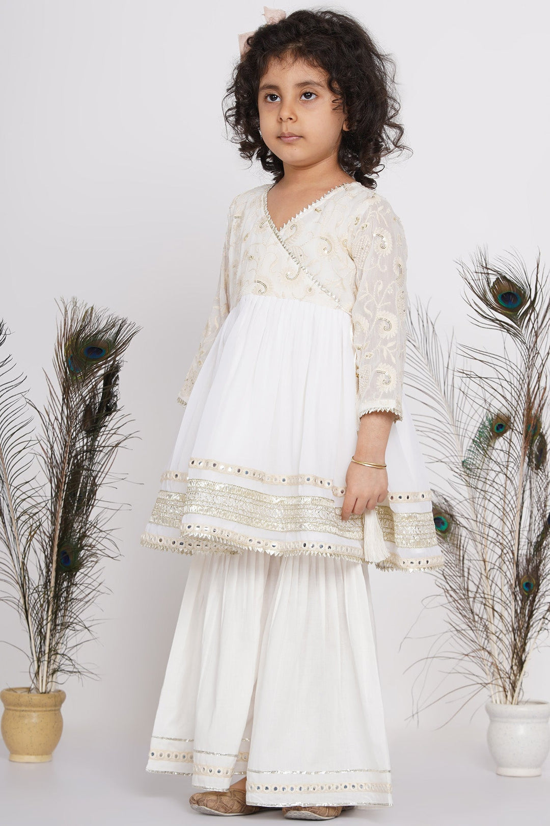Girls Floral Embroidery and Lacework Angrakha Kurta with Sharara | SHOBITAM