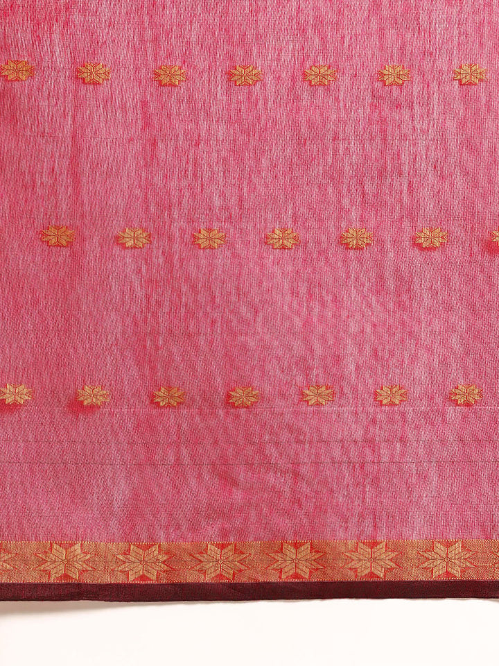 Magenta and Grey Zari Buti Silk Cotton Saree with Zari Border and Blouse Piece