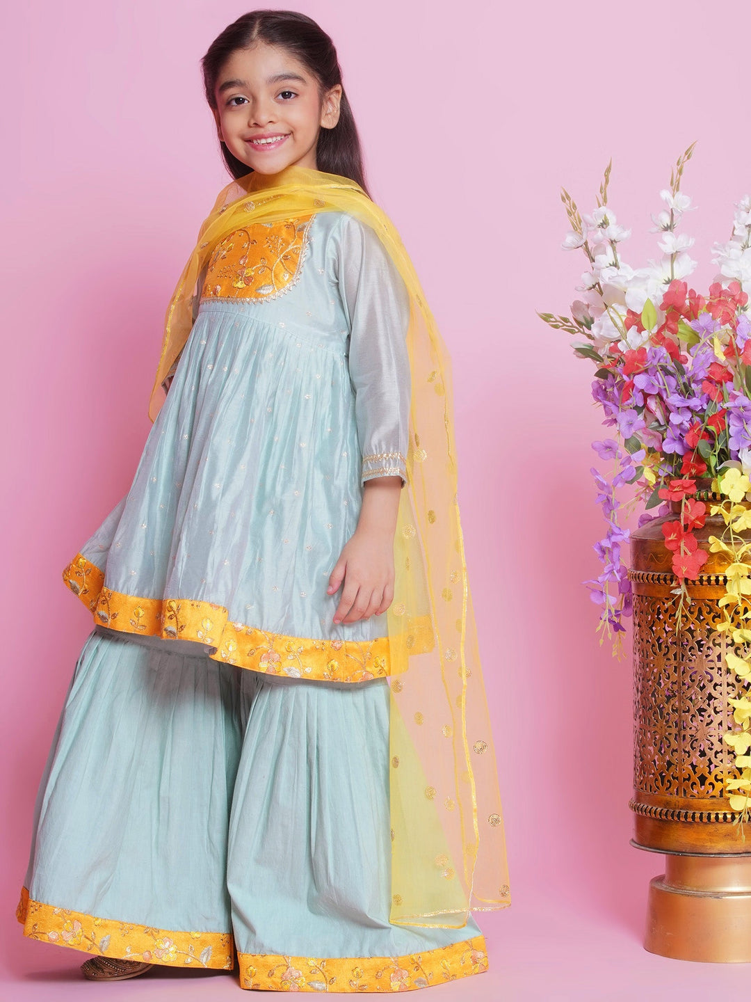 Girls Chanderi Semi-Silk Sleeveless Floral Embrodiery Kurta Frock with Sharara and Dupatta - Dolphin Green | SHOBITAM