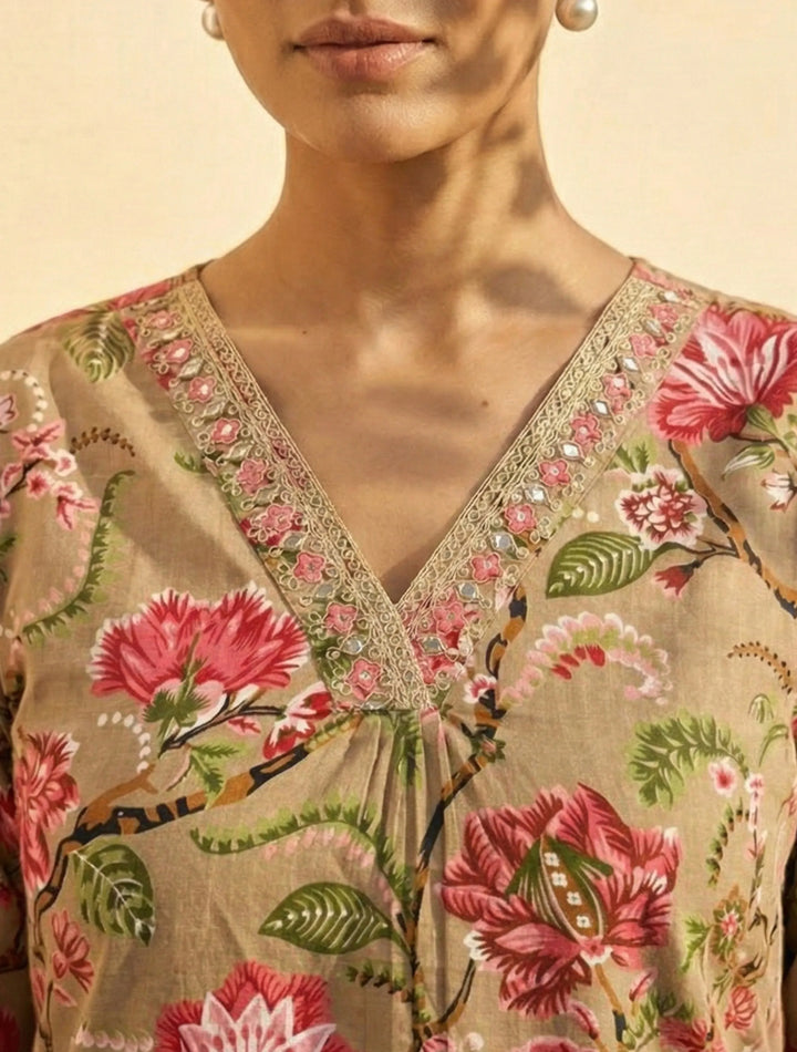 Beige Floral Print Straight Kurta Pant Dupatta Set | SHOBITAM