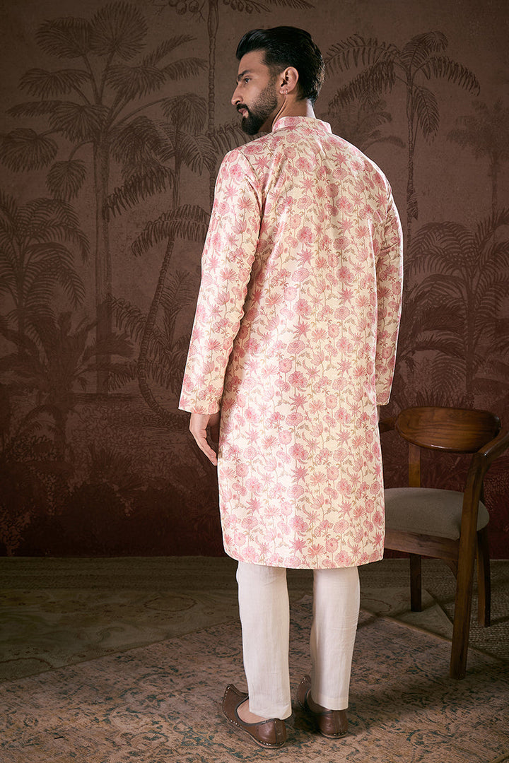 Off White Silk Blend Floral Printed Straight Kurta With Trouser | SHOBITAM