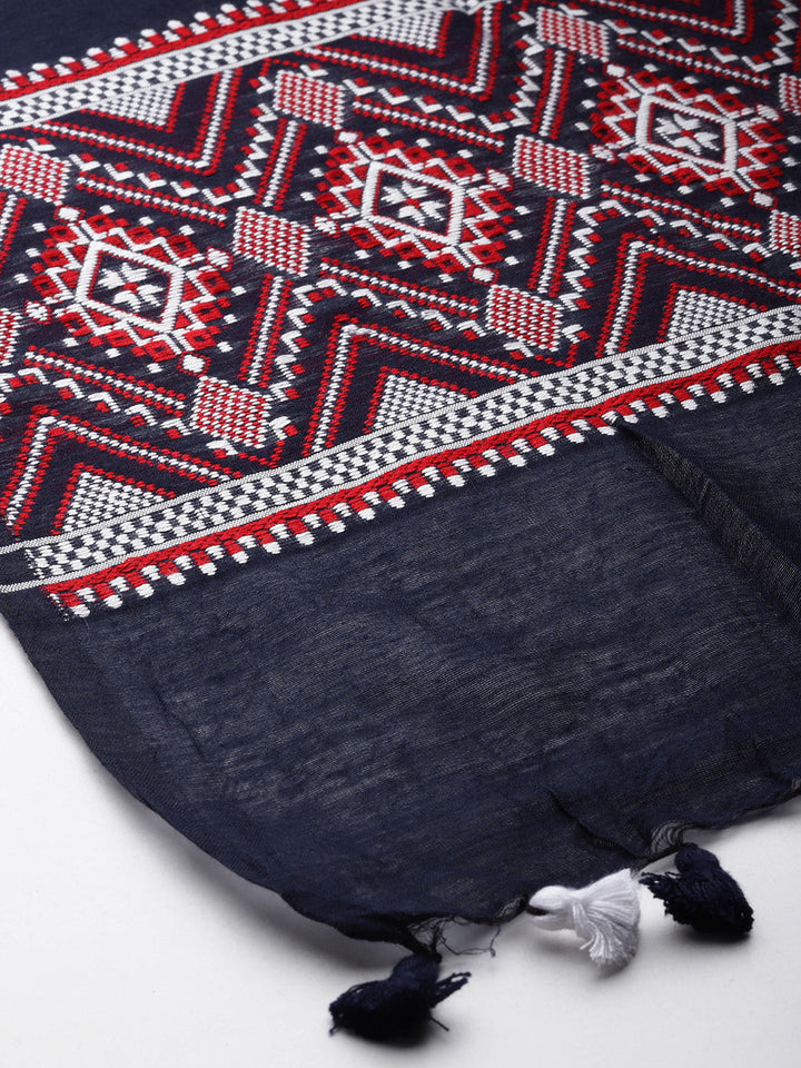 Navy,Red & White Assamese Silk Cotton Dupatta with tassels | SHOBITAM