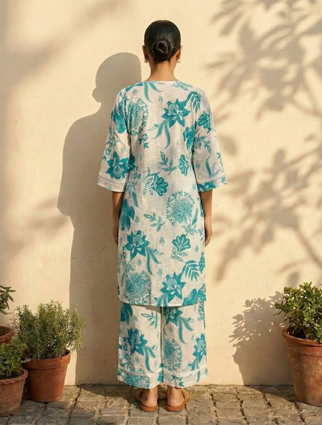 White Blue Floral Print Kurta Pant Set | SHOBITAM