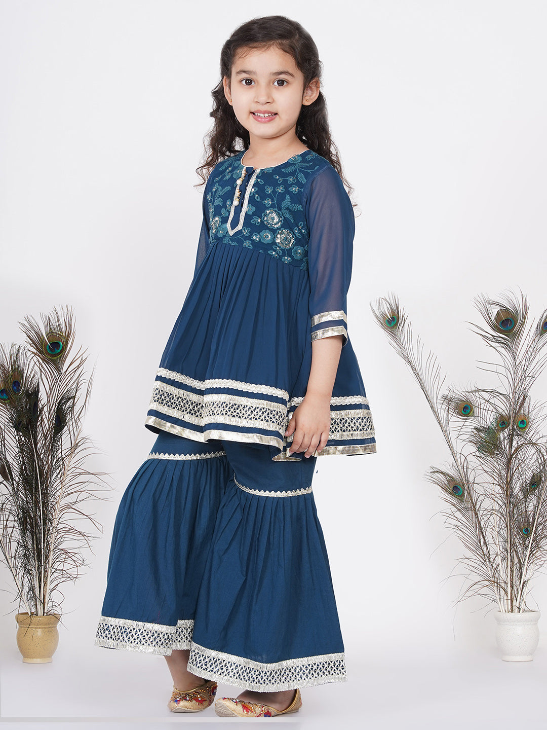 Girls jaipuri Lacework Kurta frock with Sharara and Dupatta - Nighttime Blue | SHOBITAM