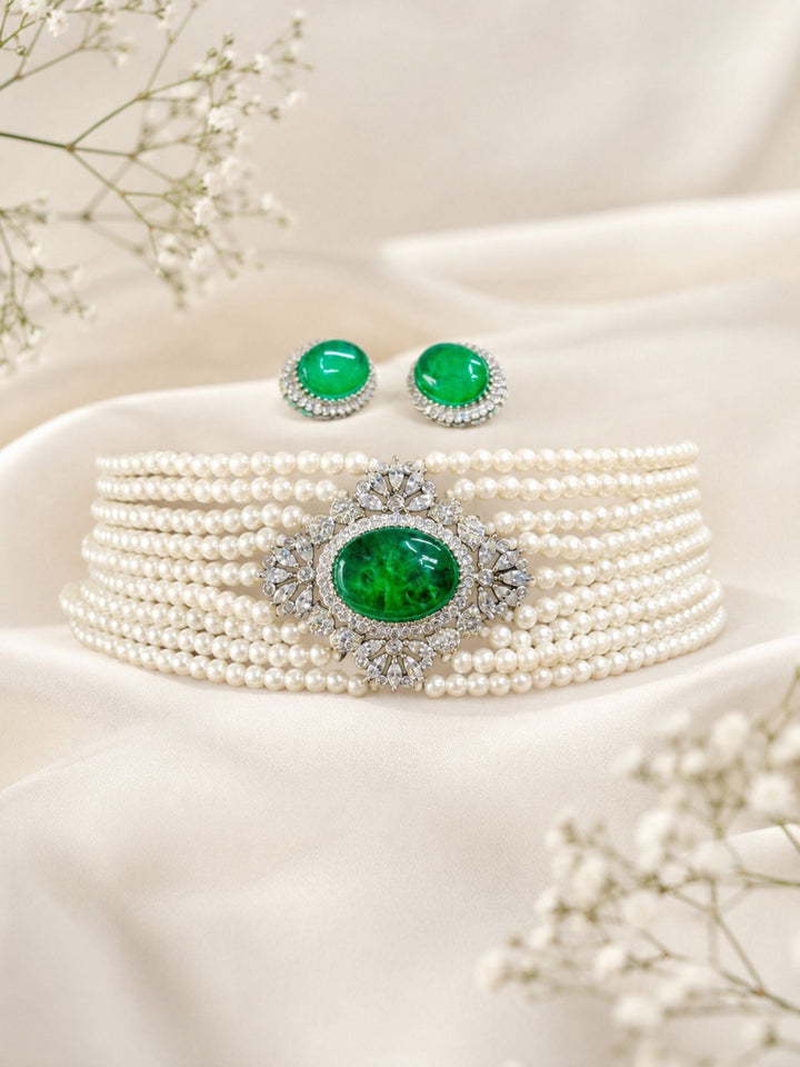 Emerald Pearl Choker Necklace Set in Silver Plating | SHOBITAM
