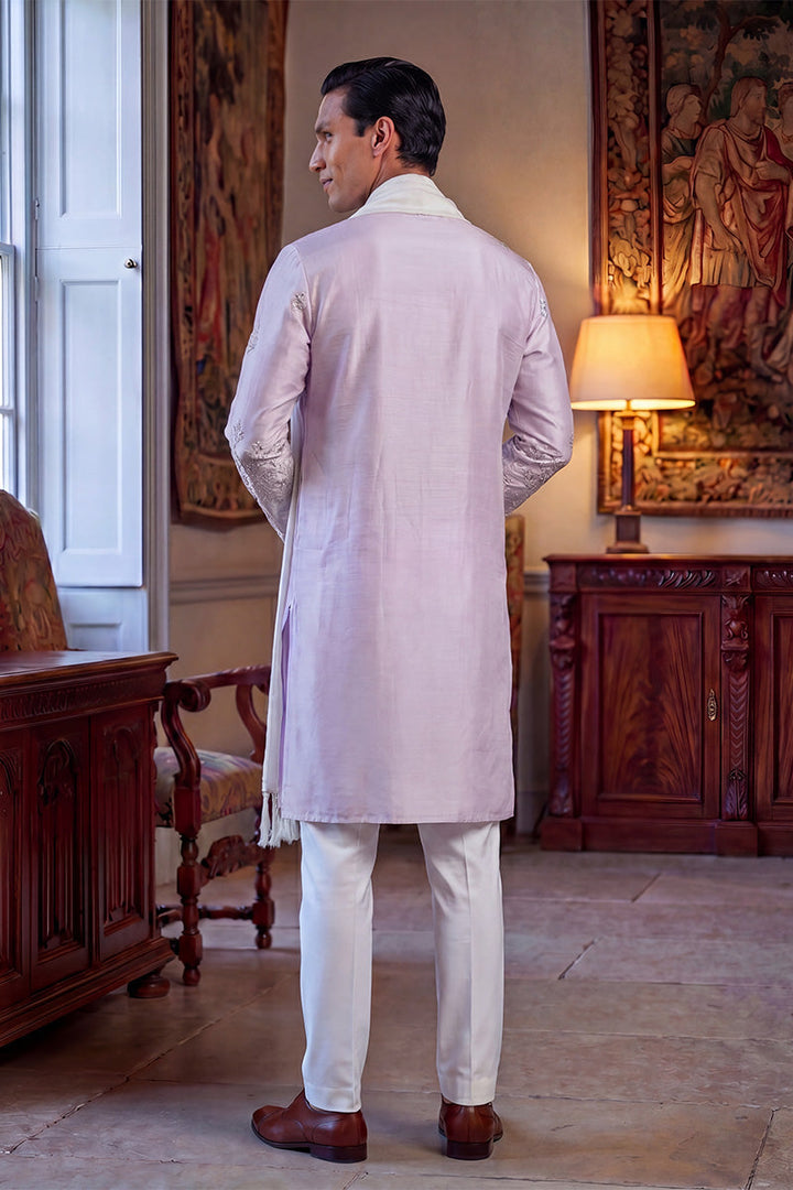 Men Lavender Silk Blend Floral Embroidered Straight Kurta Sets | SHOBITAM