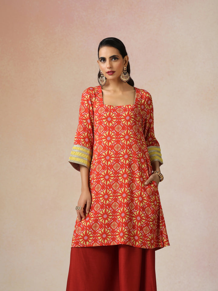 Red Light Green Print Viscose Kurta Sharara Set| SHOBITAM