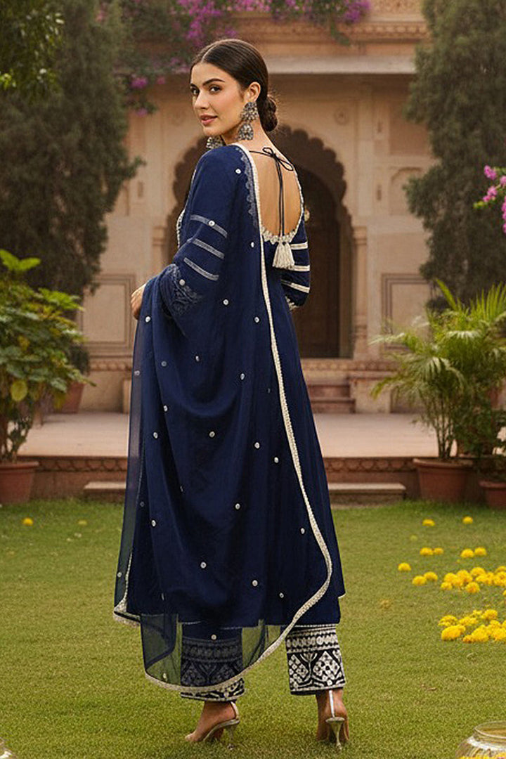 Navy Blue Silk Blend Solid Embroidered Anarkali Suit Set | SHOBITAM