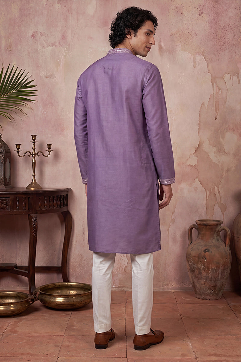 Mens Lavender Silk Blend Solid Emboidered Sequins Kurta With Trouser | SHOBITAM