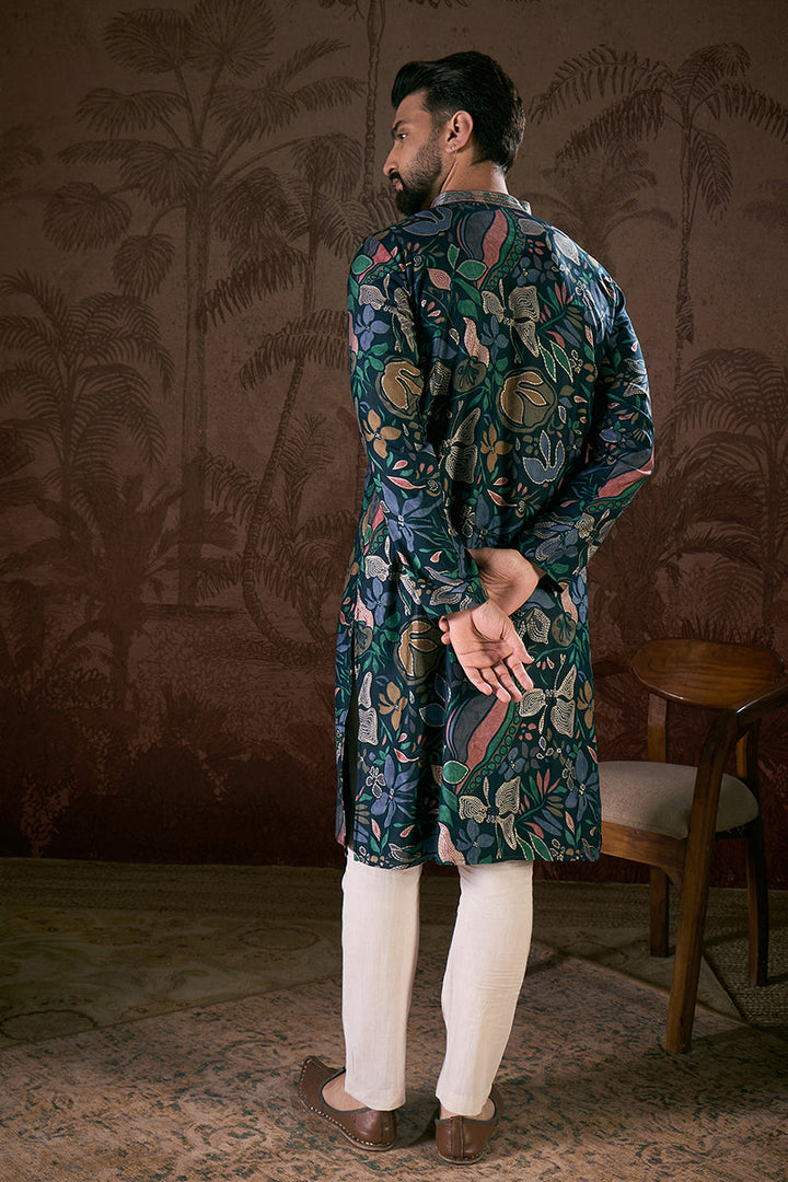 Blue Silk Blend Floral Printed Straight Kurta | SHOBITAM