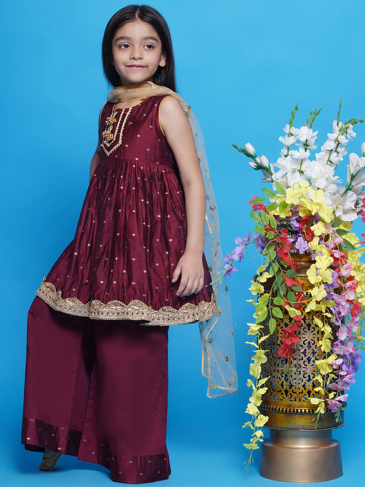 Girls Chanderi Cotton Sleeveless Kurta Frock with Plazzo and Dupatta with Boota, Lace & Tussel work - Pink | SHOBITAM