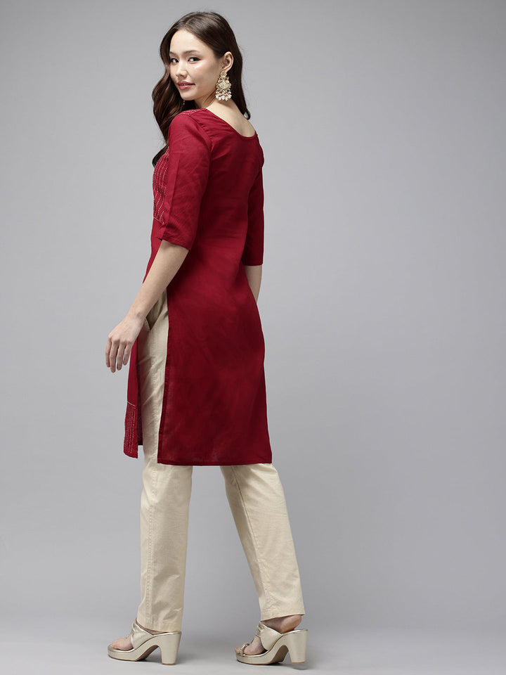 Maroon Kantha Cotton Kurta | SHOBITAM